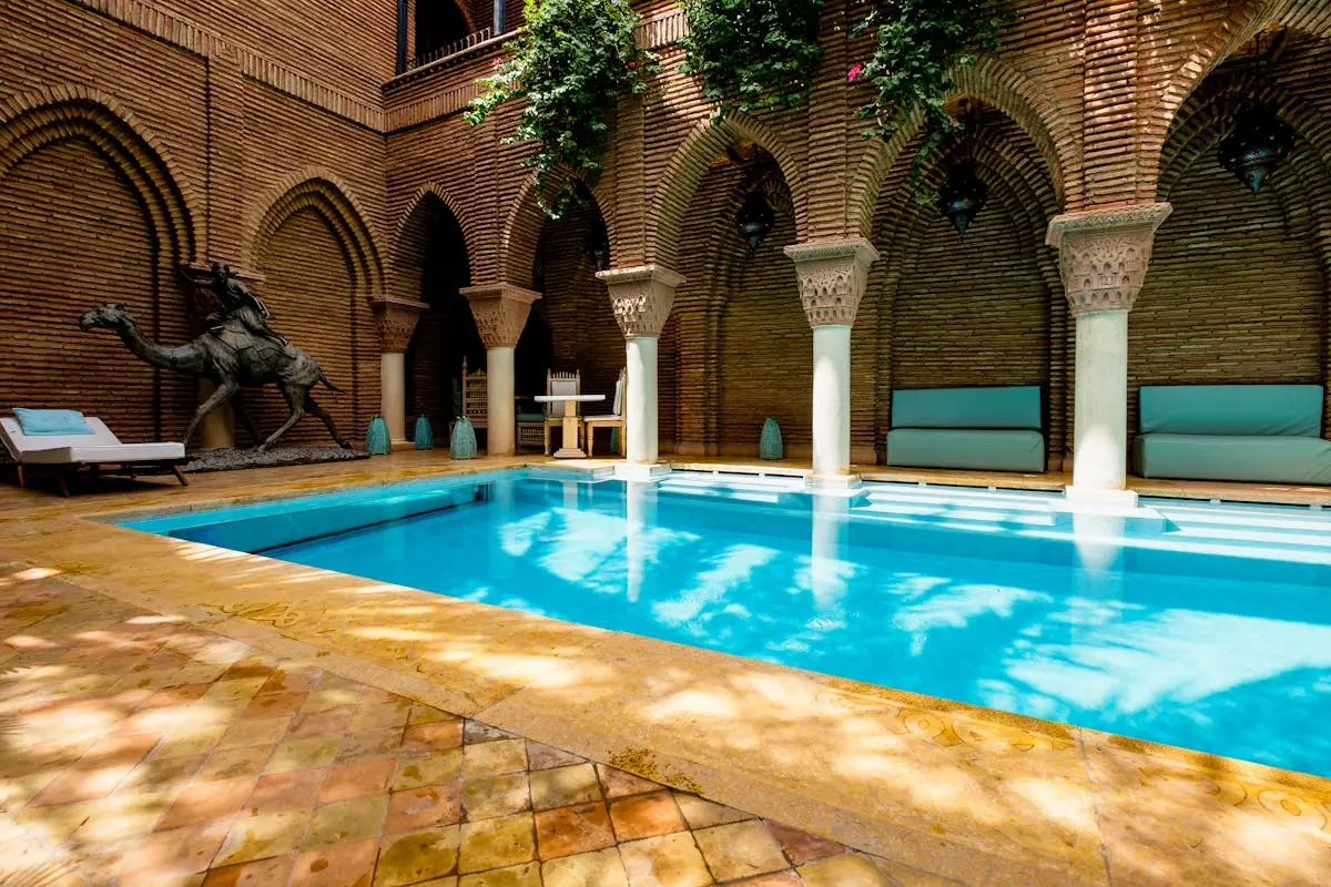 Tranquil courtyard with a pool at a traditional riad in Fez