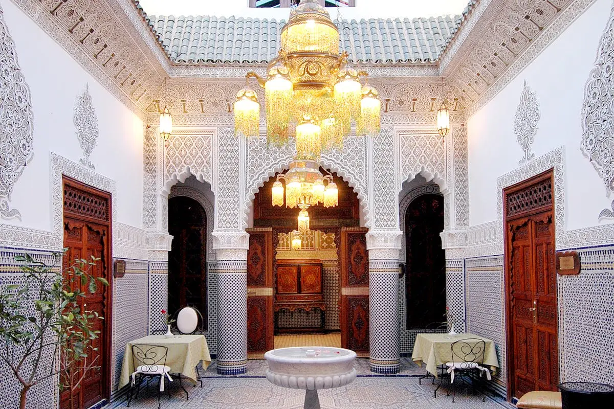 Traditional Moroccan architecture inside a riad in Fez