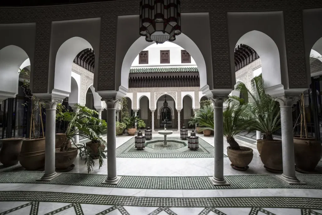Elegant open-air courtyard of a Moroccan riad in Fez
